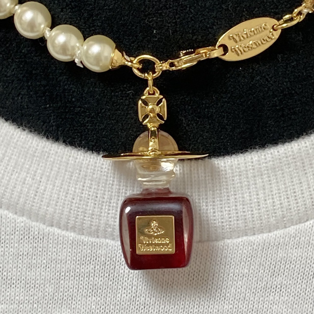 Vivienne Westwood Necklace Pearl Perfume Bottle Choker Gold Wine Red NO BOX