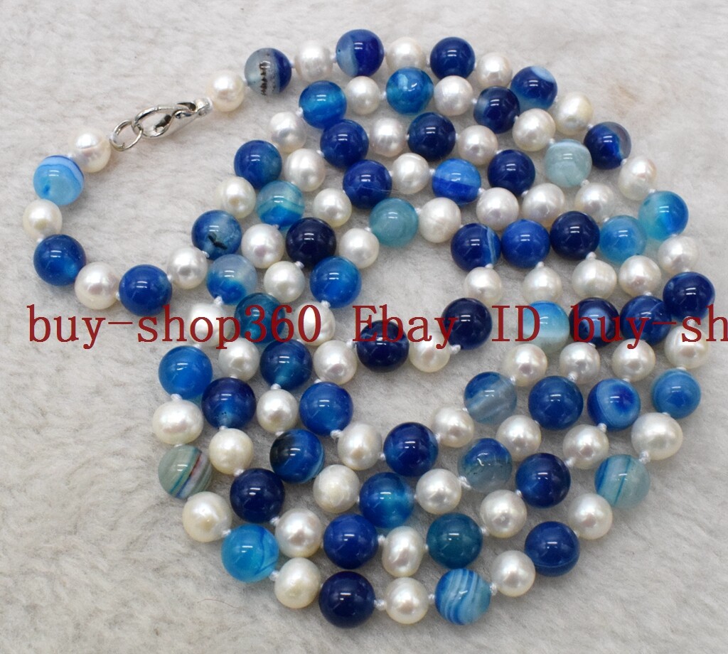 Long 36 Inch 7-8mm Genuine White Pearl & 8mm Blue Striped Agate Necklace