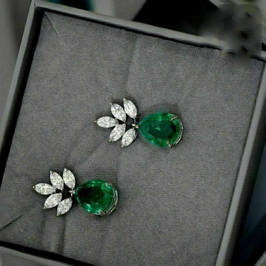 3Ct Pear Cut Simulated Emerald Drop/Dangle Tiny Earrings 14K White Gold Plated