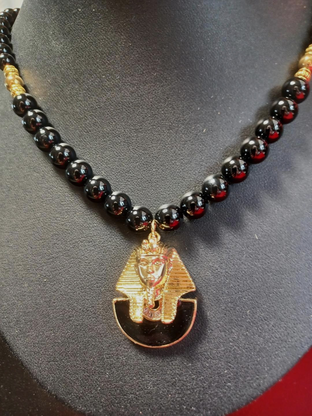 Sphinx beaded Necklace, Egypt Pharoah Pendant Black Agate ~ New Handmade in USA