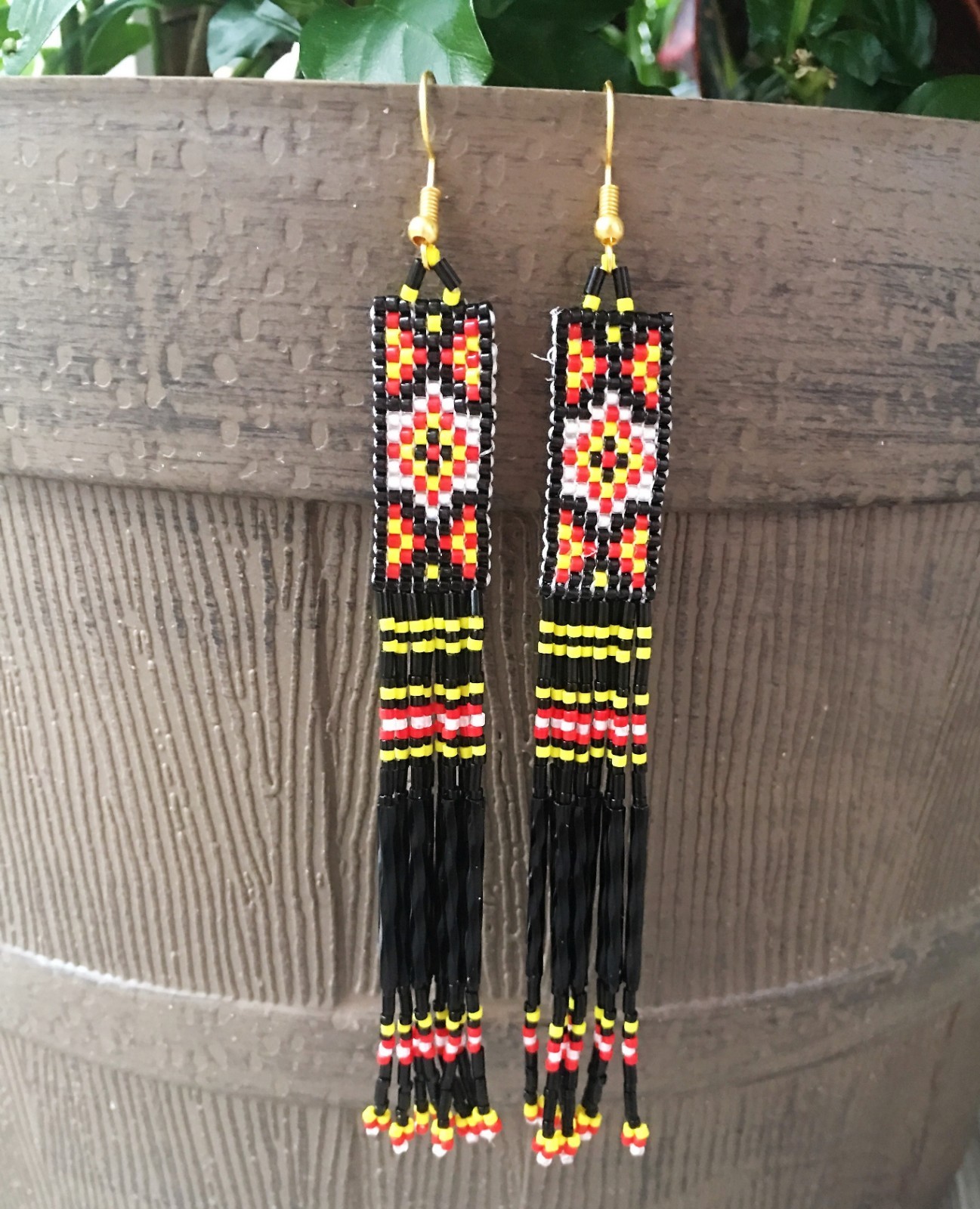 Long Native Style Boho Black Yellow Red Shoulder Duster Beaded Fringe Earrings