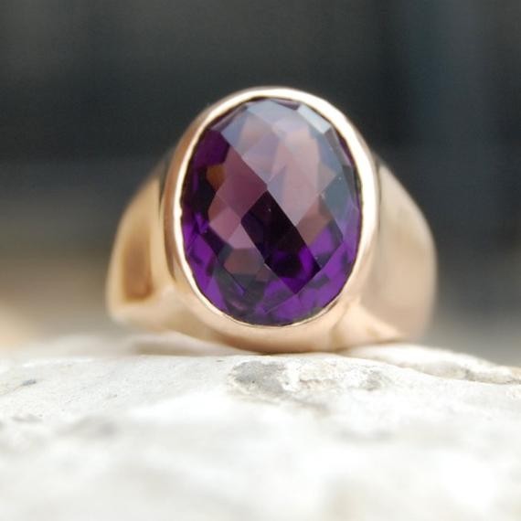 Solid 925 Sterling Silver Natural Purple Amethyst Cut Gemstone Men’s Unisex Ring