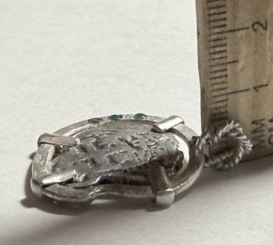 Authentic Spanish-Colonial 2-Reales Silver Shipwreck Cob Coin in Emerald Bezel