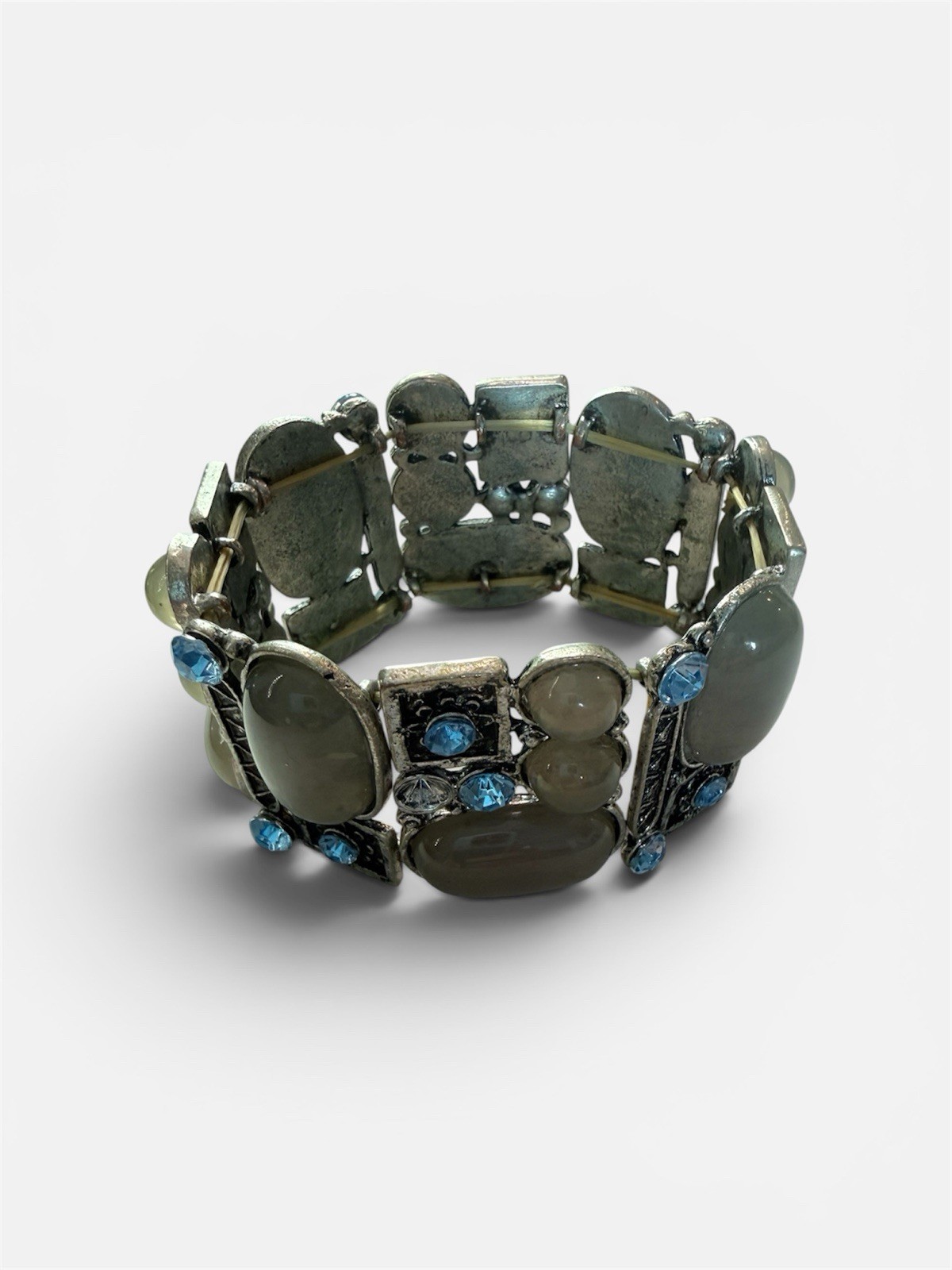 Silver Tone Metal Cuff Bracelet with Oval Blue & Gray Stones
