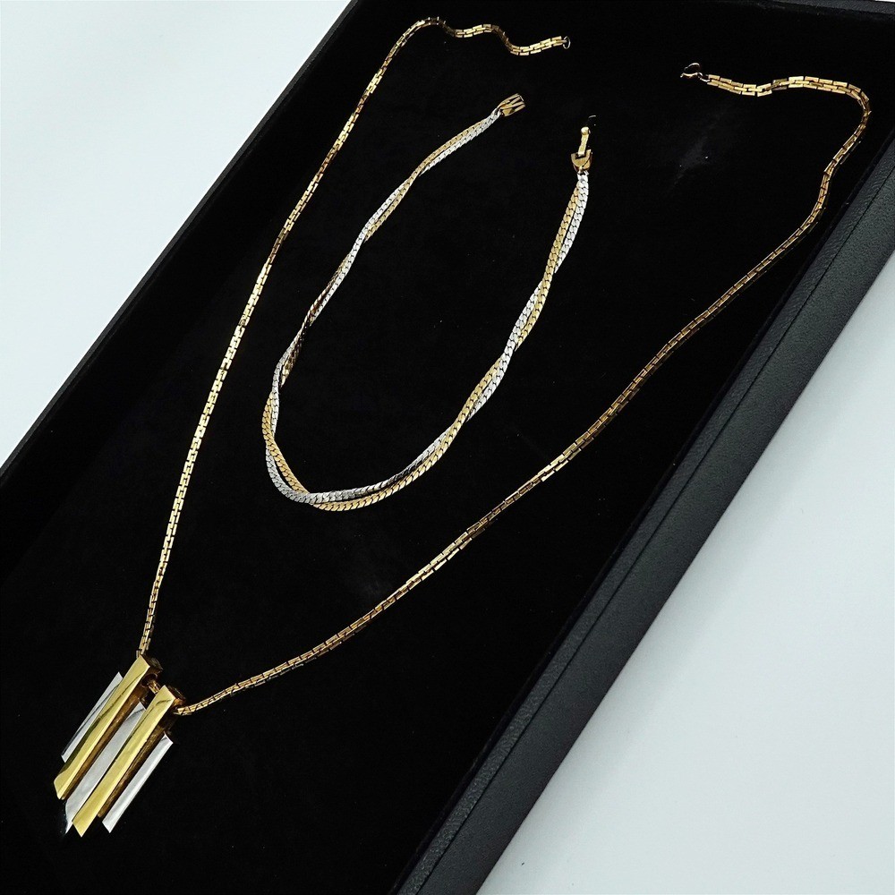 VTG 1970s Avon Two Tone Geometric Necklace and Interweave Choker Statement