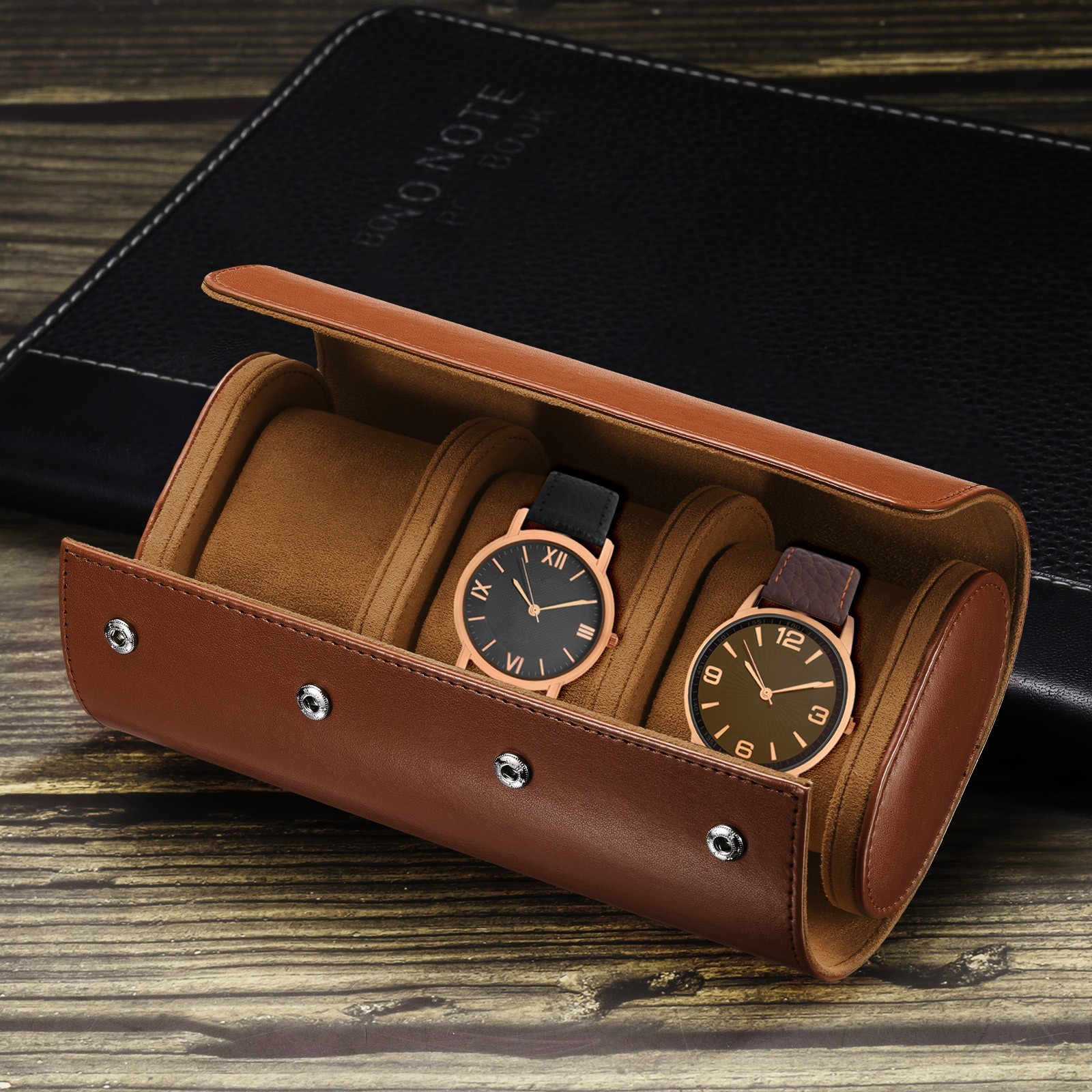 1/2pc Leather Watch Travel Case Men Women Holding 3 Slot Green Brown Storage