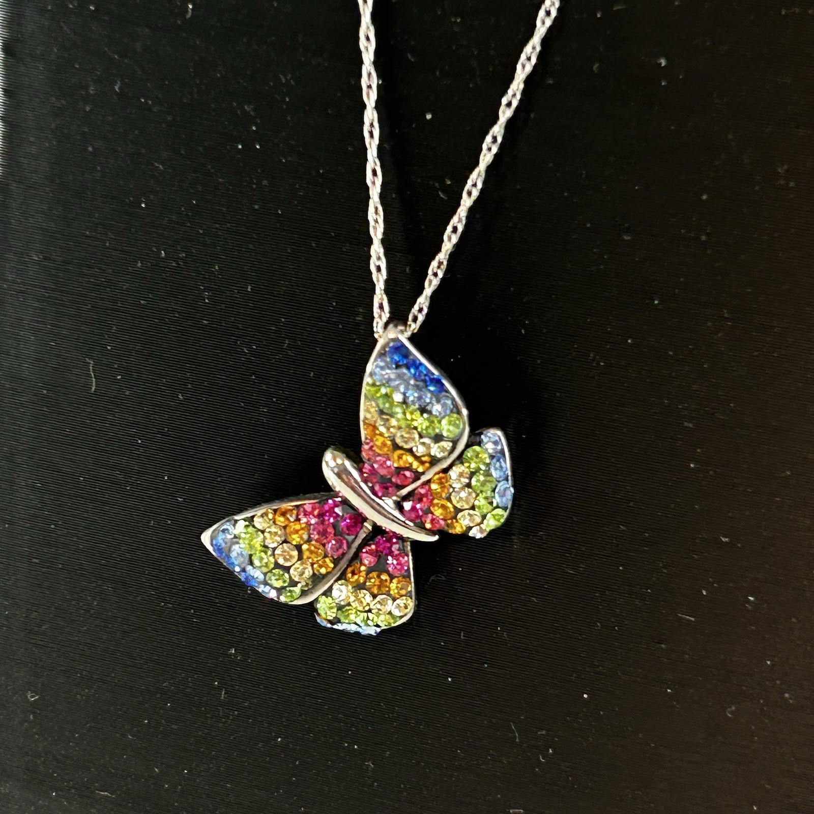 Sterling Silver & Rainbow Crystal Butterfly 18” Necklace Signed 925 JCM Thailand