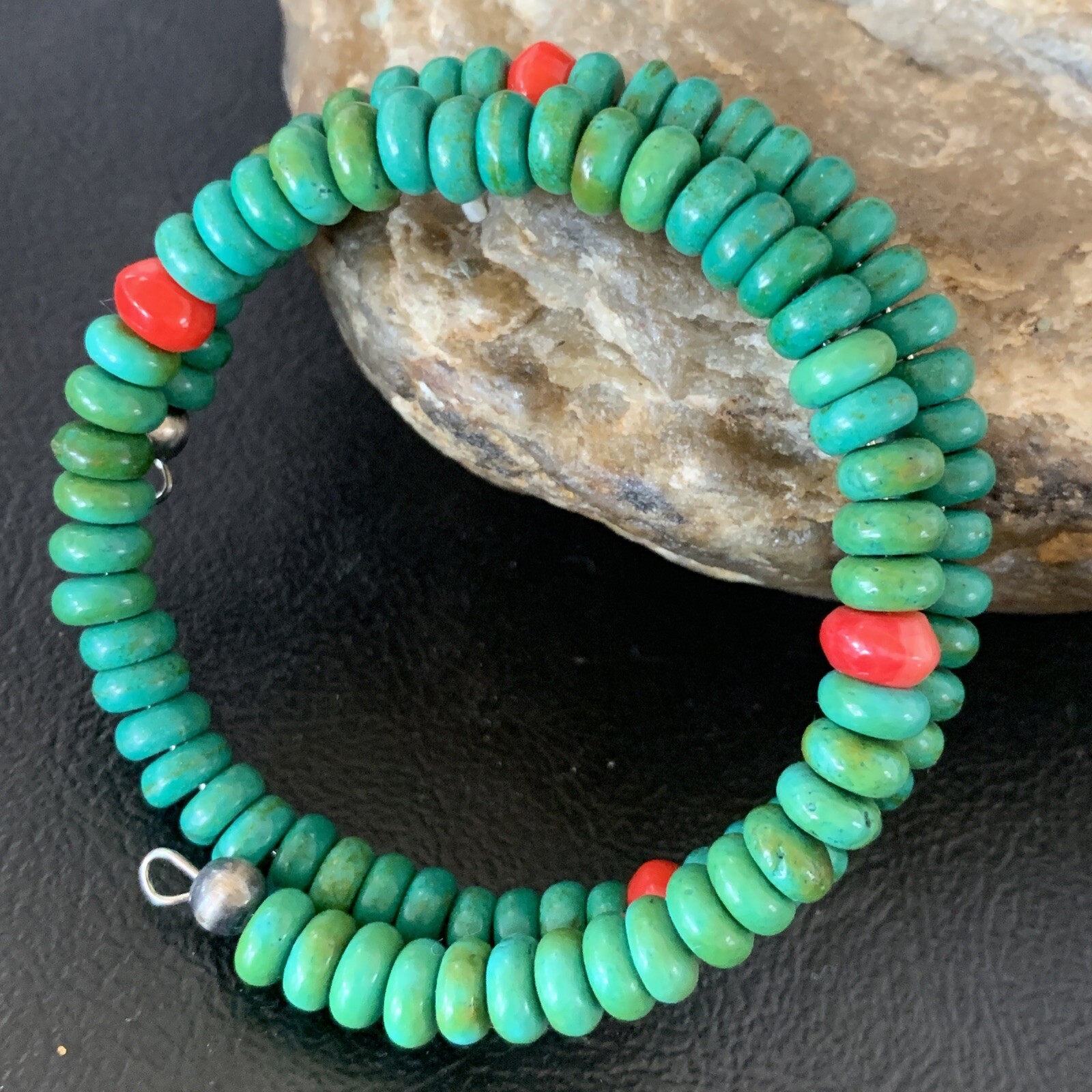 Wrap Memory Wire Stainless Steel Navajo Coral Green Turquoise Bracelet 9″ 13313