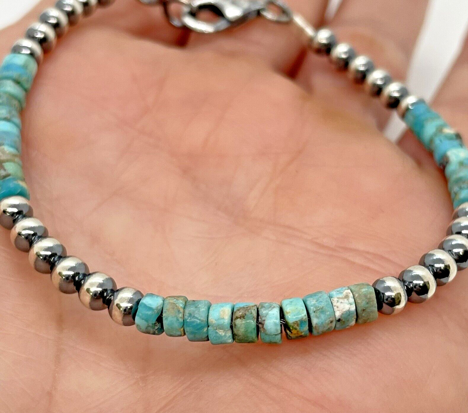 Navajo Green Turquoise Heishi Beads & Navajo Pearls Bracelet 7.5 inches Native