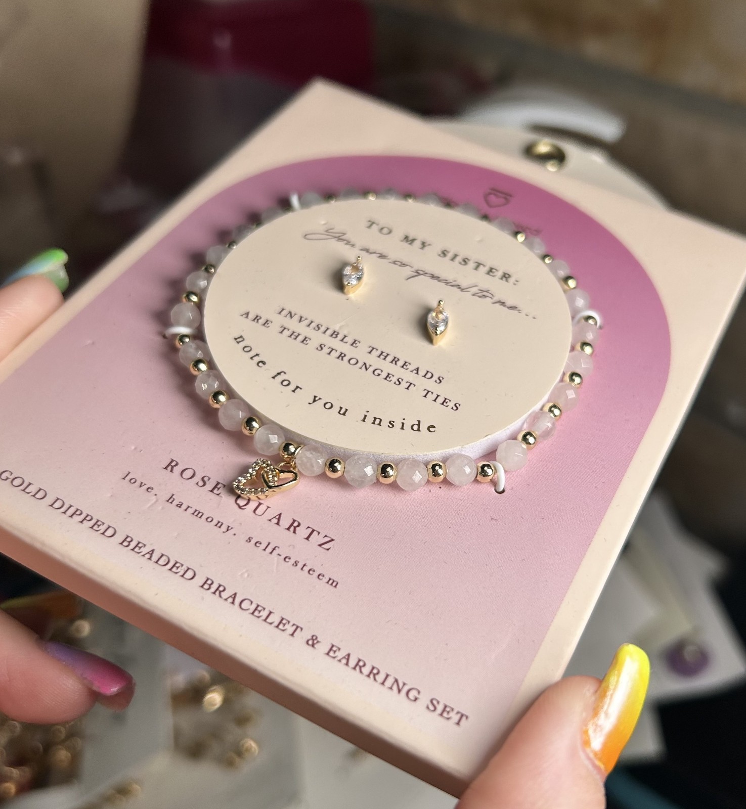 Beloved Inspired To My Sister Rose Quartz 14K Gold Dipped Bracelet Earring Set