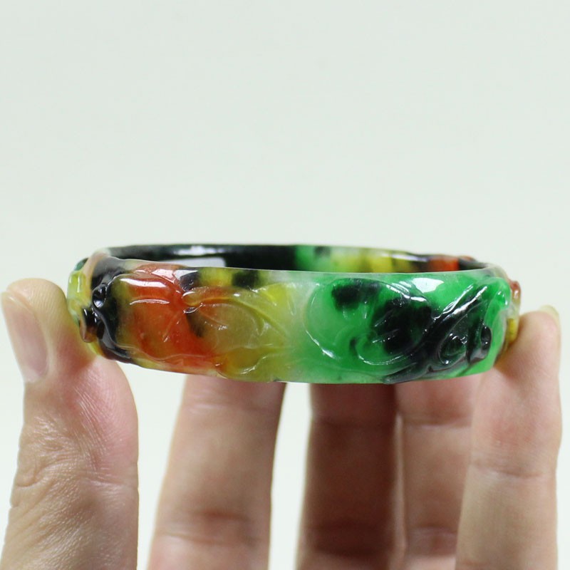 61mm Real Natural Ice Multicolor Burmese Jade jadeite Carving Bracelet Bangle