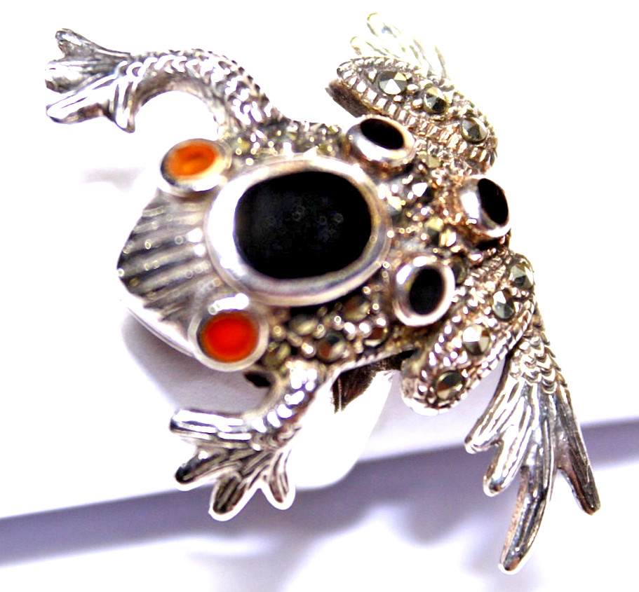 RARE HANDTOOLED STERLING SILVER MARCASITE ONYX, CARNELIAN EYES RING Sz8.75 10.5g
