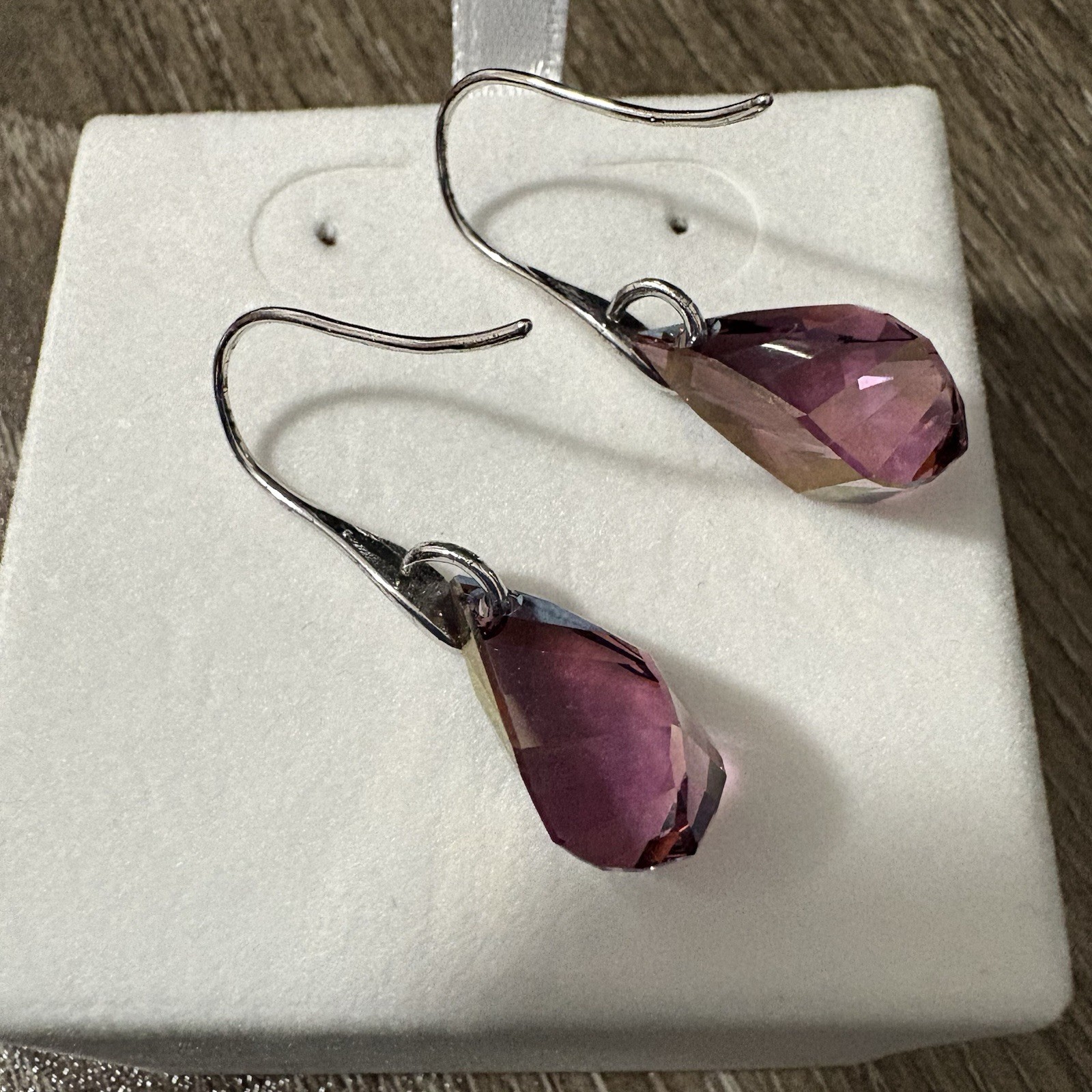 Teardrop Earrings with Swarovski Crystals Purple Faceted Stone Silver Tone 1.25″