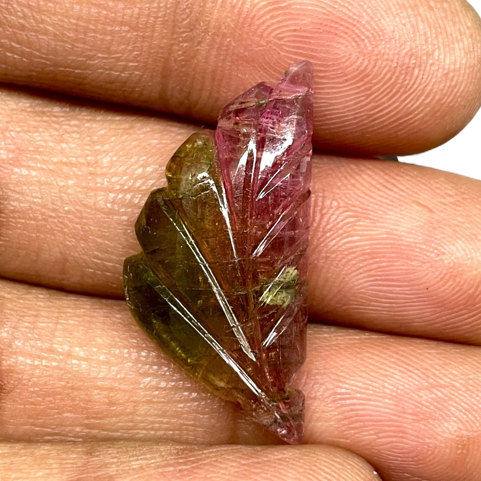 15.2 Cts Bi-Color Carved Natural Tourmaline Leaf Gemstone Pink Green for Jewelry