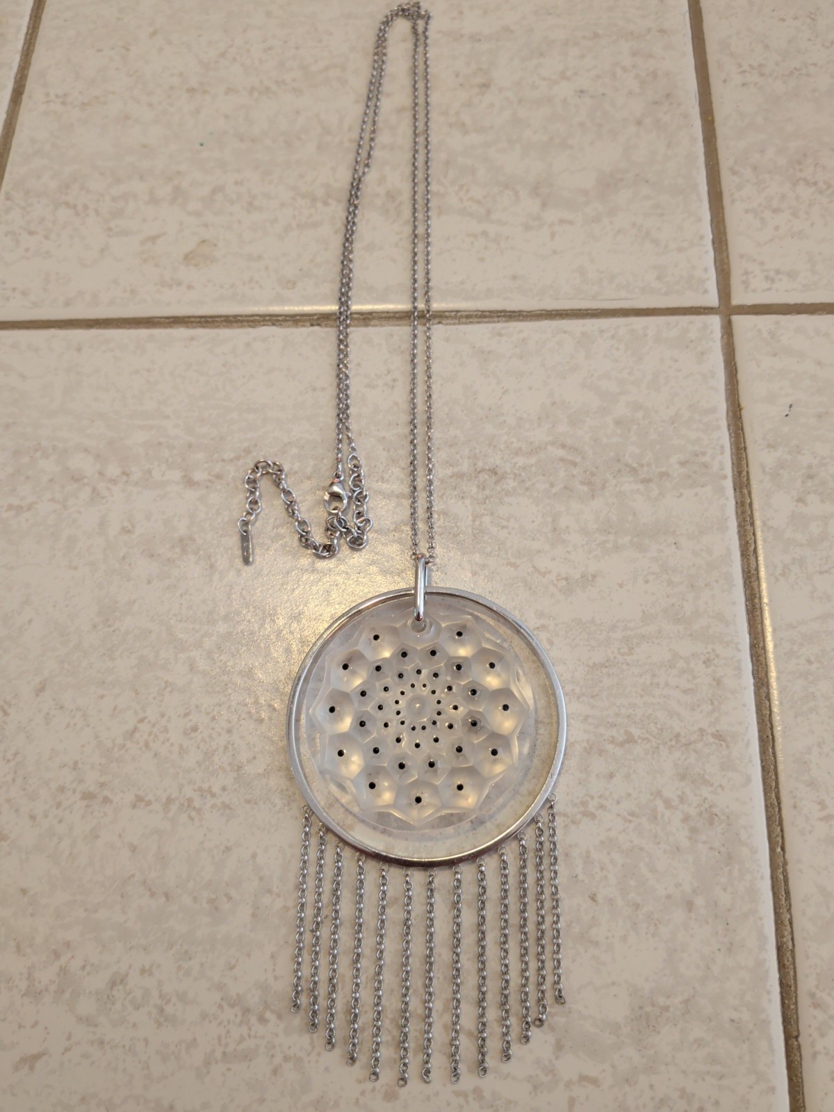 Lalique Cactus Frosted Crystal Black Enamel 925 Sterling Silver Pendant Necklace