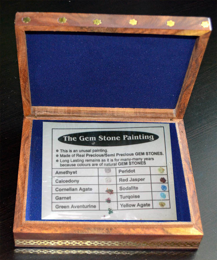 Wooden jewelry box with glass gem stone painting and brass border from India!