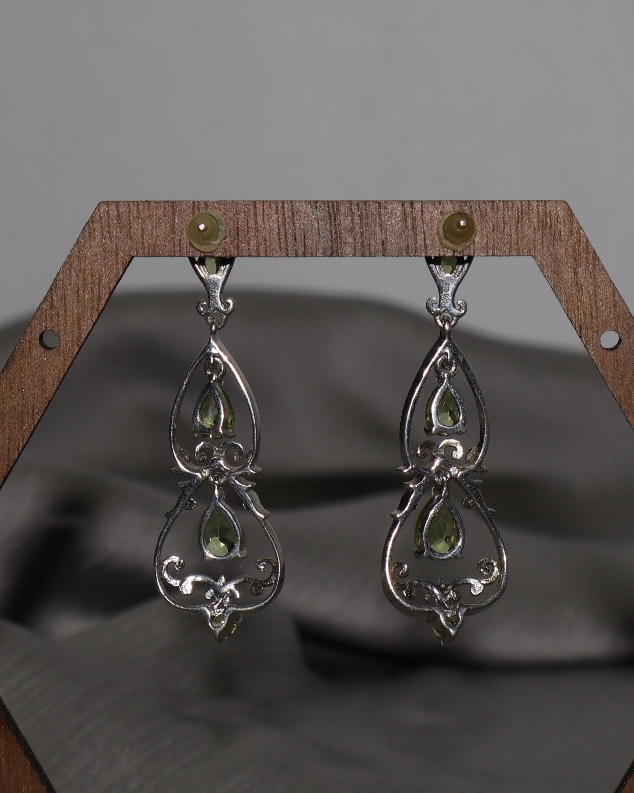 Victorian Style Sterling Silver With Green Peridot Earrings 5.9G / 1.8in