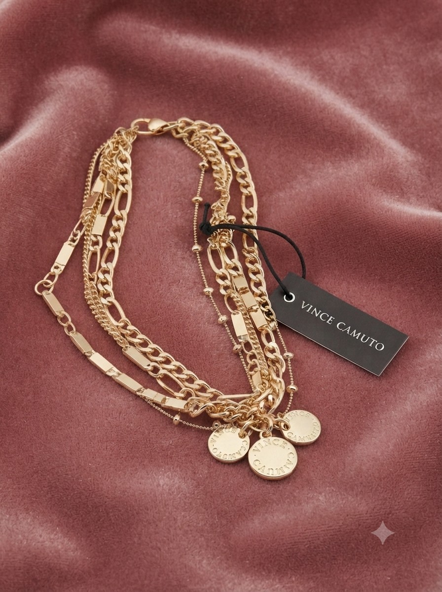 NWT Vince Camuto Gold-Tone Multi-Strand Chain Bracelet with Logo Coin Charms