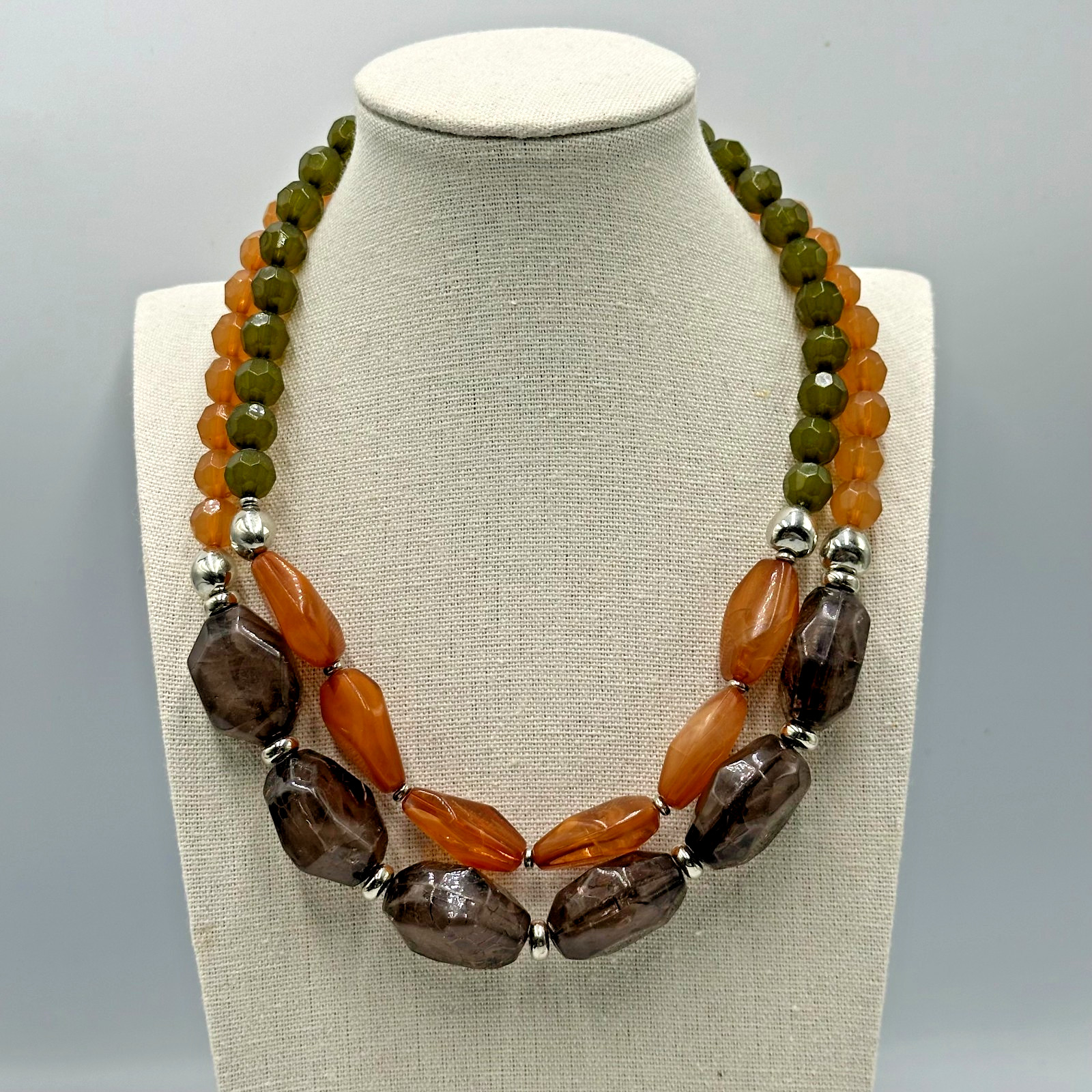 Multicolored Bead Necklace Silver Tone Orange Brown Green Color Block 2 Strand