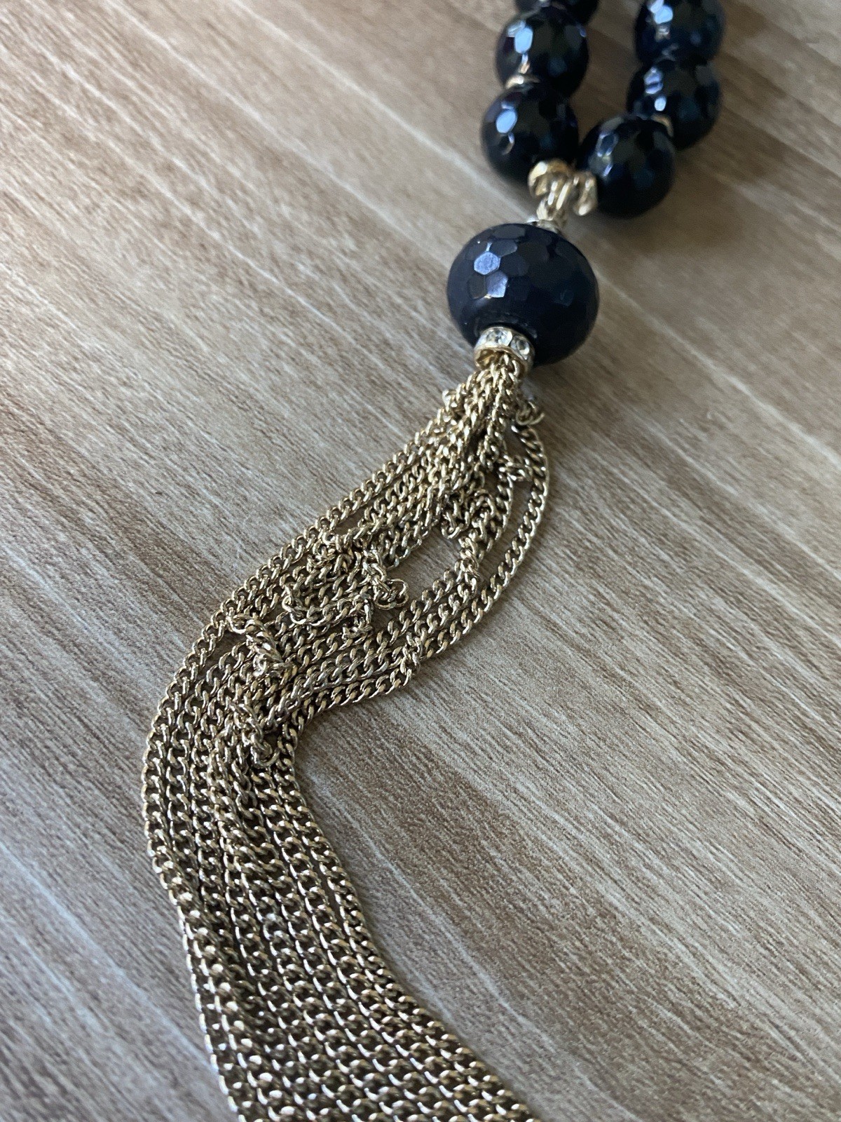 Vera Bradley Vintage Long Black and Blue Glass Bead Necklace/Gold Toned Tassel