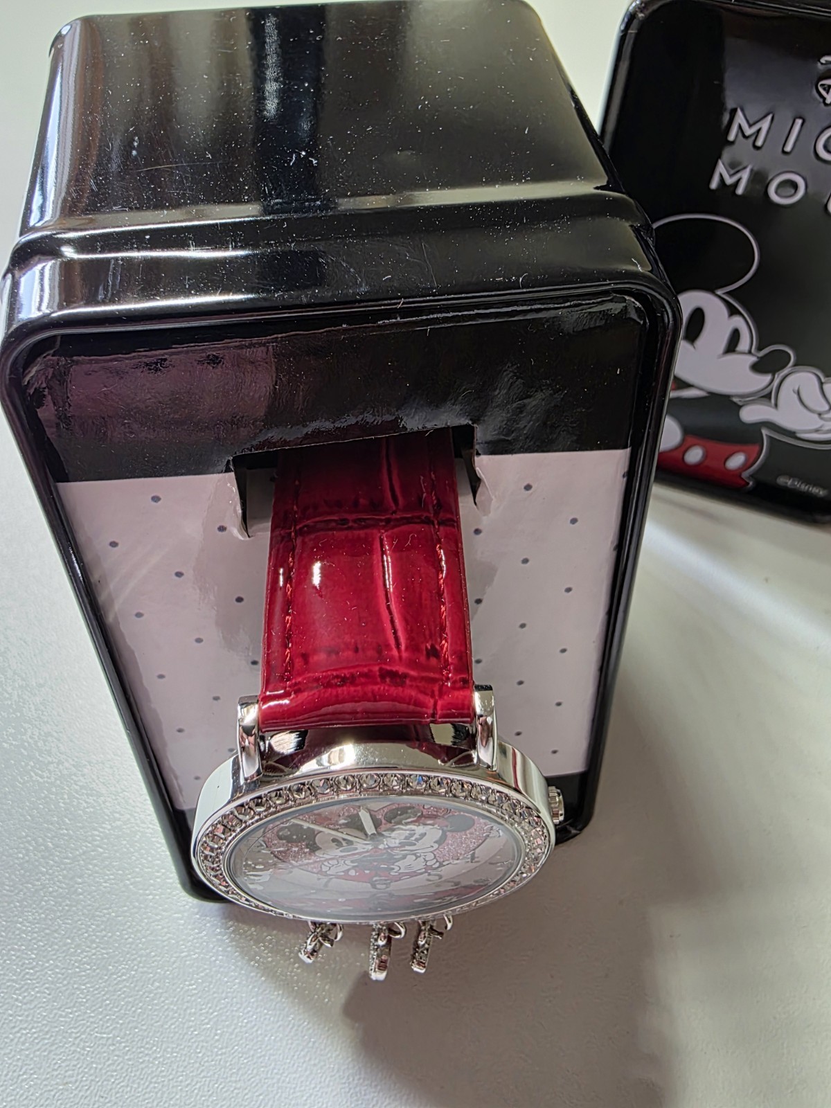 Disney Minnie & Mickey Mouse Women’s Quartz Watch Red Leather Strap with charms.