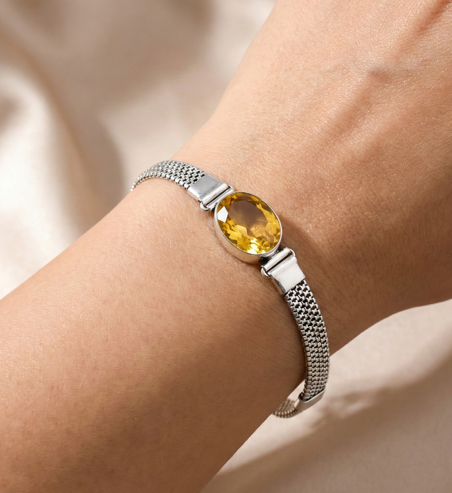 Yellow Citrine Gemstone Handmade 925 Sterling Silver Jewelry Chain Bracelet