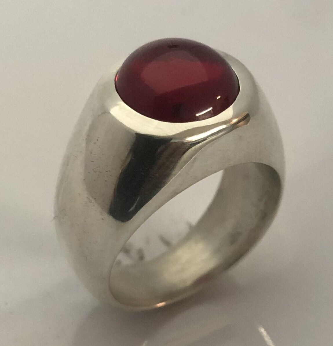 MJG STERLING SILVER MEN’S RING. 12mm ROUND LAB RUBY CABOCHON. SIZE 9 3/4
