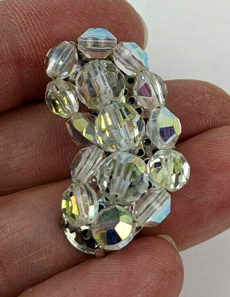 Cut Crystal AB Cluster Bead Earrings Vintage Climber Clips 1.5″ Tall Very Good