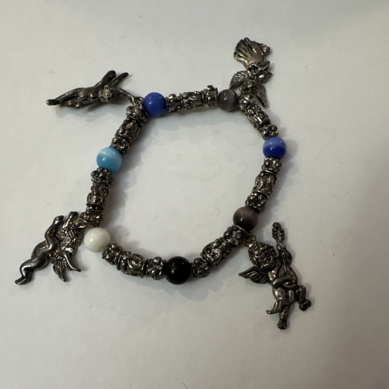 Four Charm Angels Bracelet Multi-colored Beads Silver-tone Metal Stretch To Fit