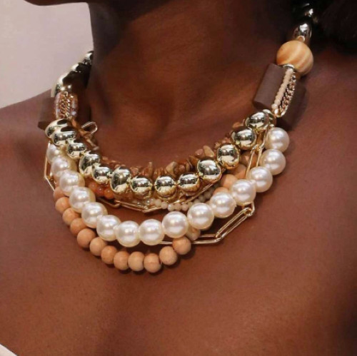 Layered Beaded Necklace Gold Jumbo Statement Beads Pearl Bib Multi Strand Layers