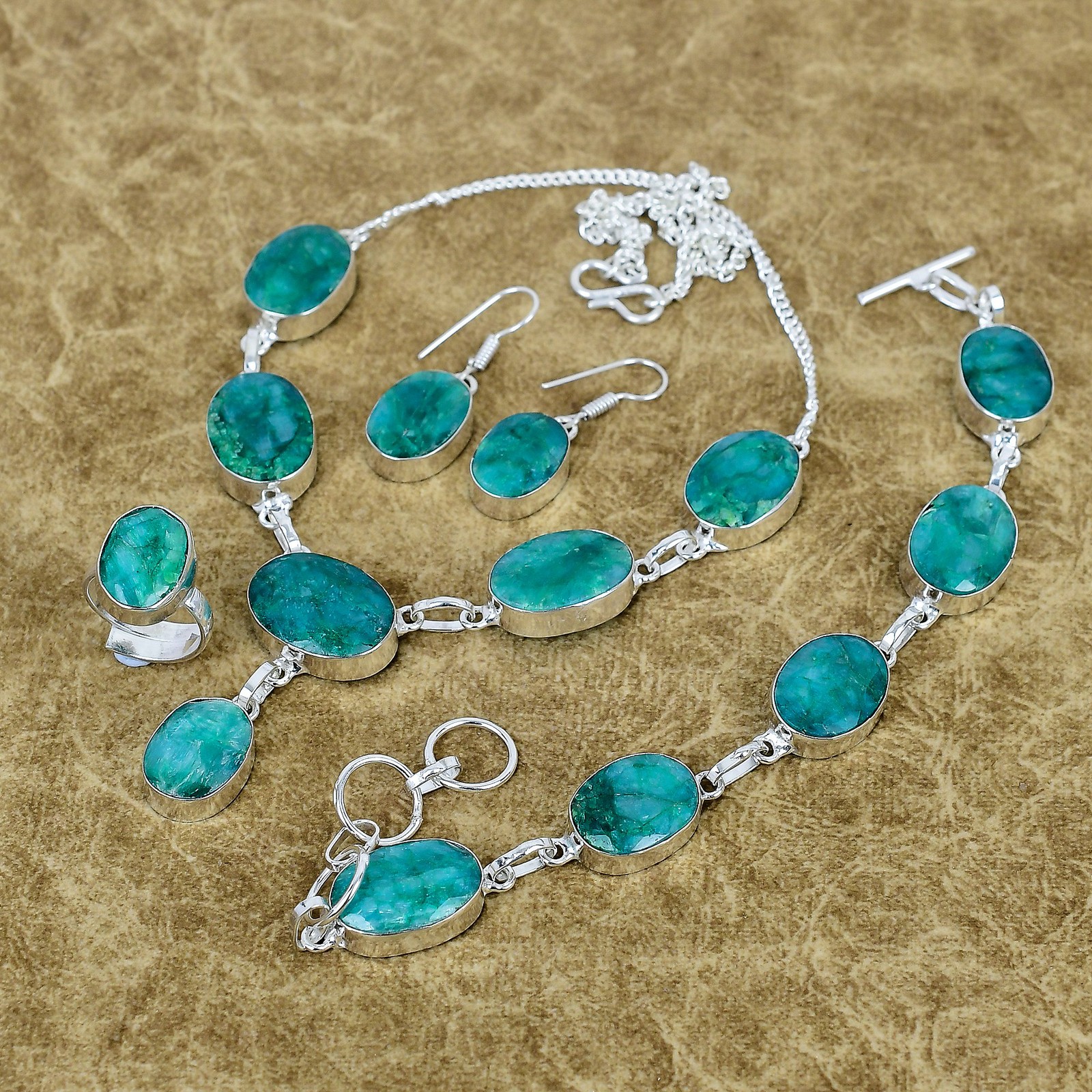 Natural Zambian Emerald Gemstone Handmade 925 Sterling Silver Oval Jewelry Set