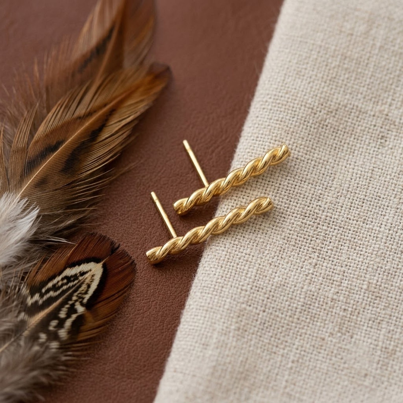 18K Elegant Yellow Gold Twisted Bar Stud Earrings | 925 Sterling Silver Jewelry