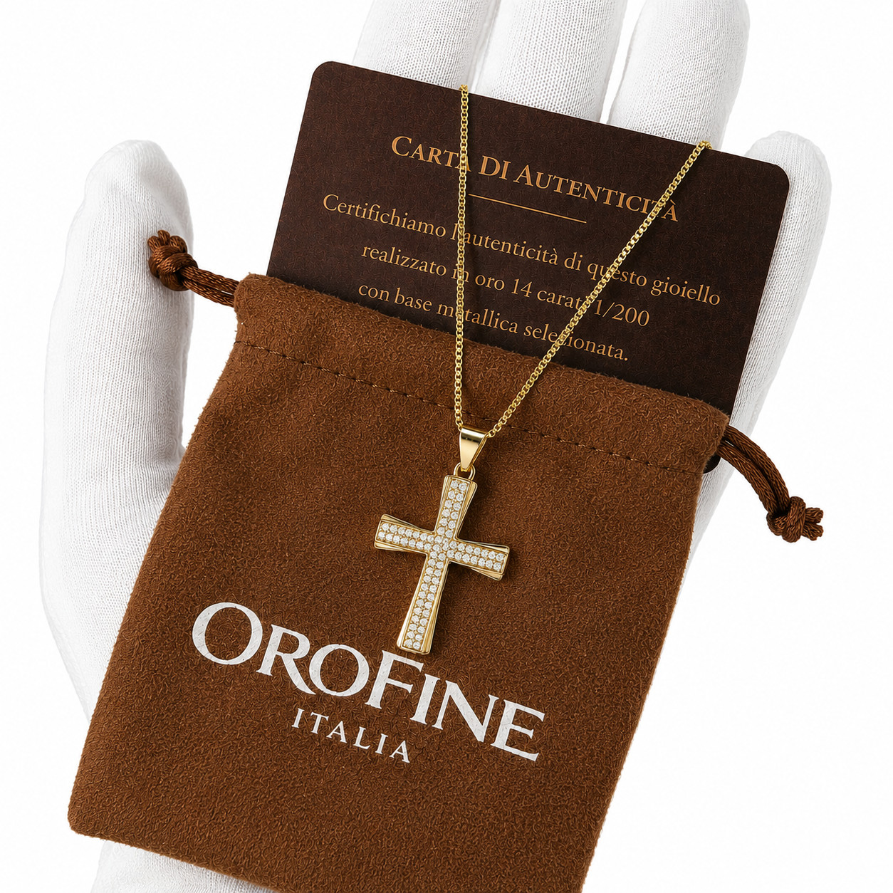 Italian 1/200 Iced CZ Two Row 14k Yellow Gold Oro Cross Pendant Cadena Men Women