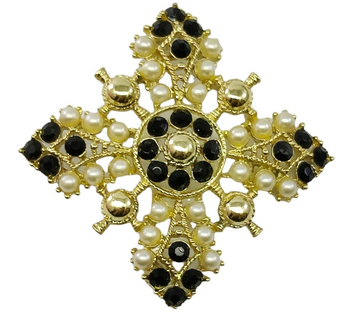 Vintage White Black Gold Tone Brooch & Earrings Set