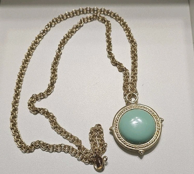 Chico’s Reversible Faux Turquoise Gold Tone Turtle Medallion Necklace Boho Coin