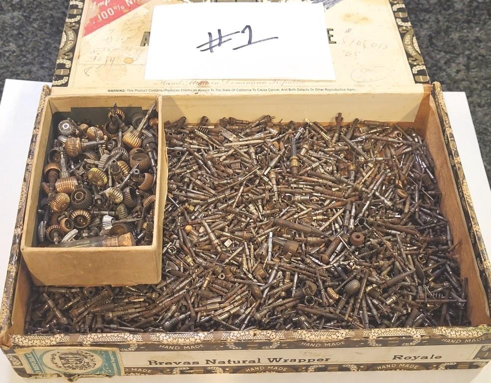 Cigar box of American Pocket watch stems, crowns, sleeves 1,000’s of pieces #1