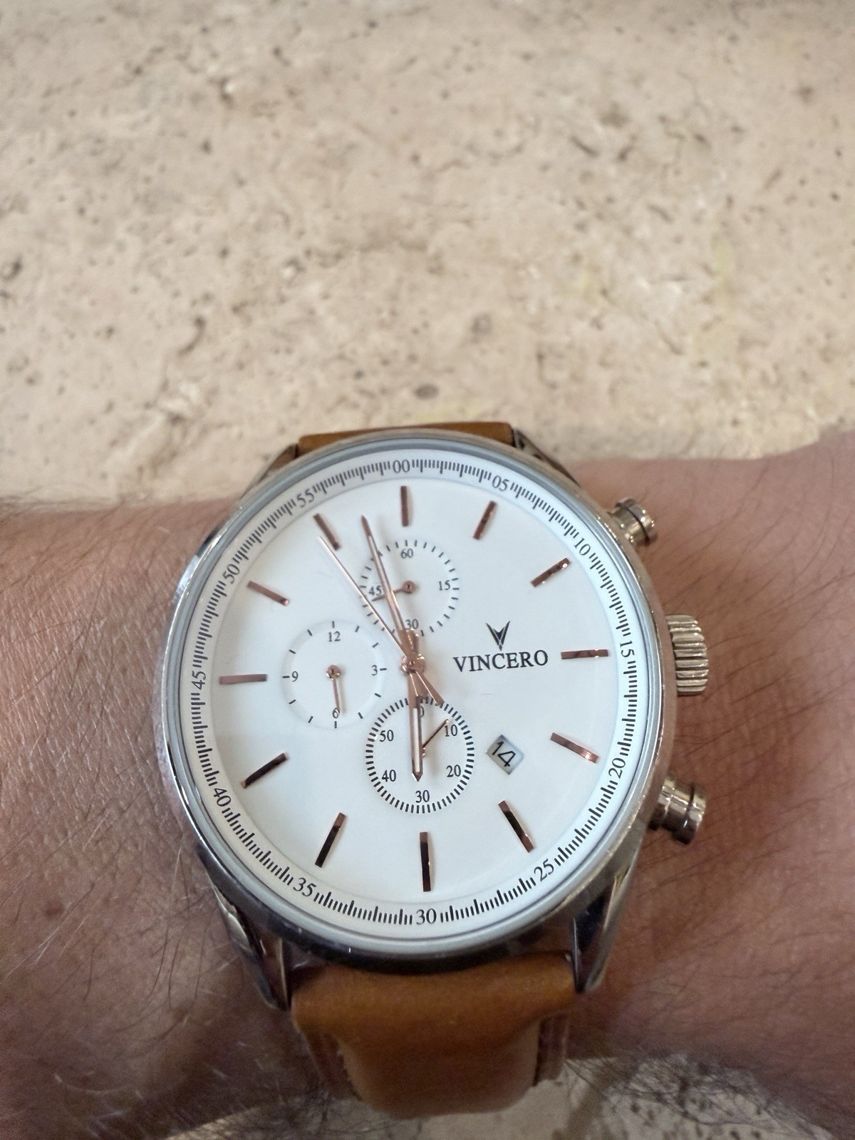Vincero Men’s Quartz Chronograph Date White Dial Brown Leather Strap 22mm