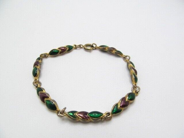 Vintage Solid Gold Tone Shimmering Green Purple Lacquer Linked Bracelet 7.25 In