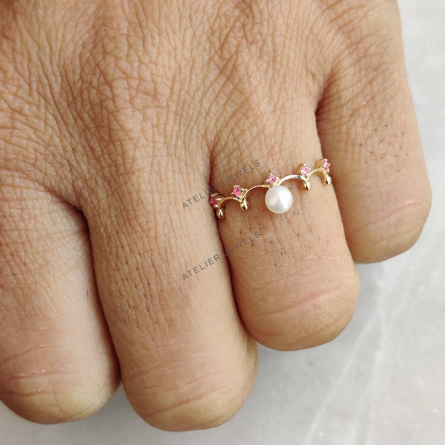 0.43 Ct Natural Pearl Ruby Band Ring 14K Gold Minimalist Birthstone Jewelry Gift
