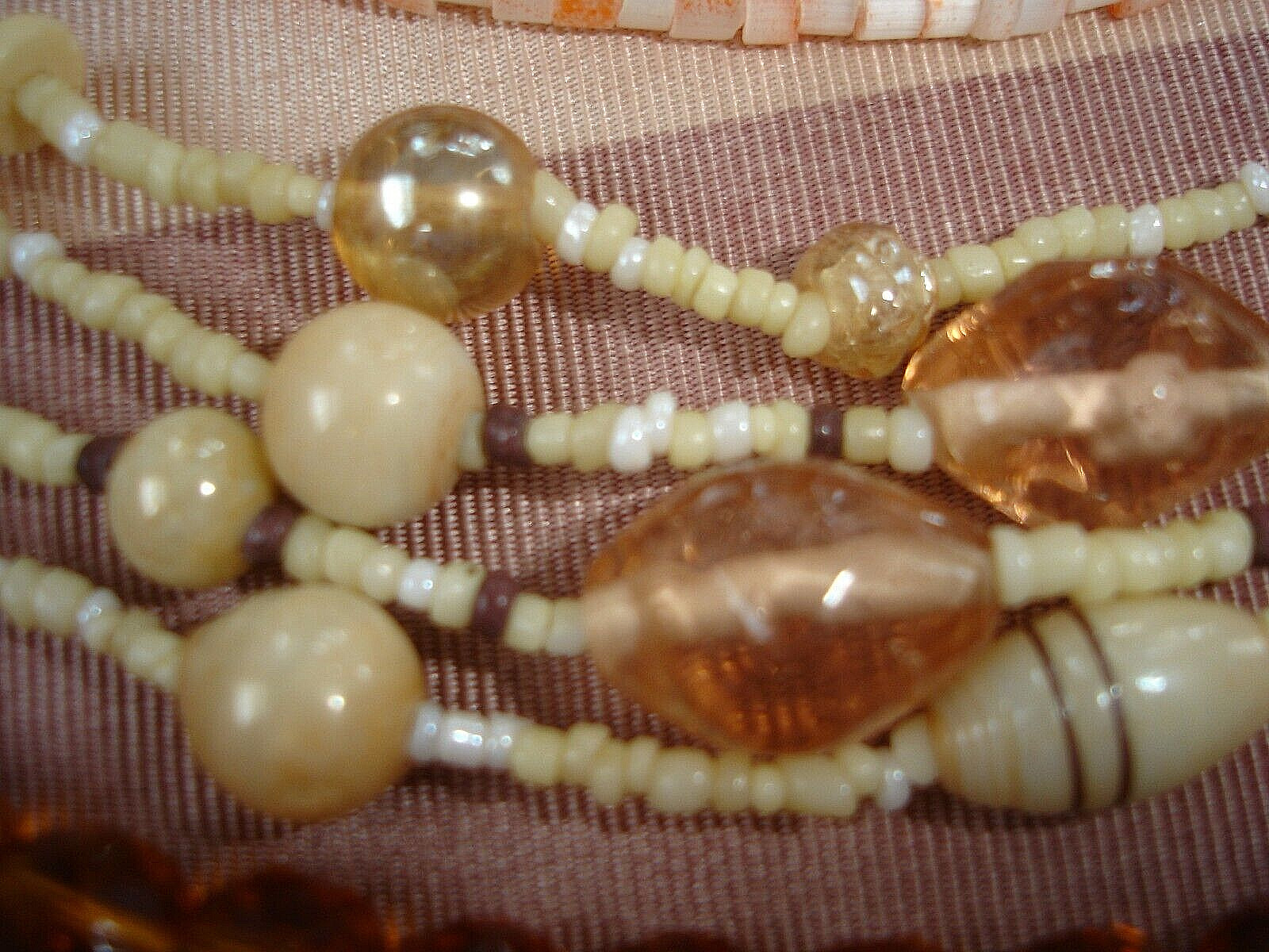 Vintage LOT 4 Multi-Strand GLASS BEAD Necklaces-Gold, Neutral Tan, Orange, Brown