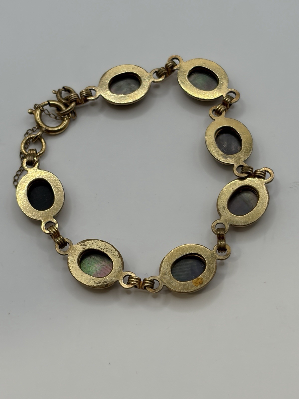 Vintage 1/20 12K Gold Filled Black Mother of Pearl MOP Oval Link Bracelet 6.25″