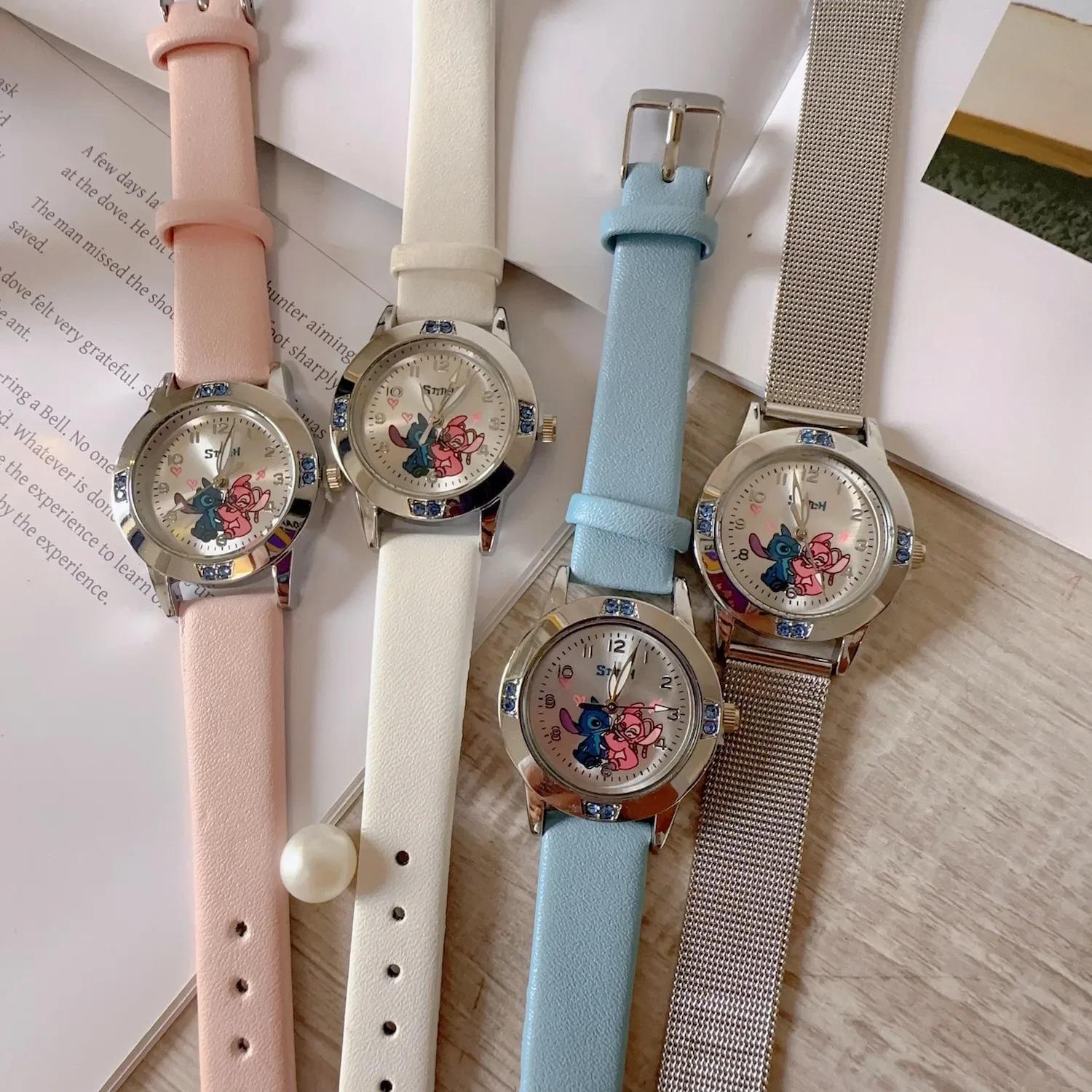 Disney Stitch Watches Diamond Quartz Watch for Women Stich Cartoon Leather Wrist