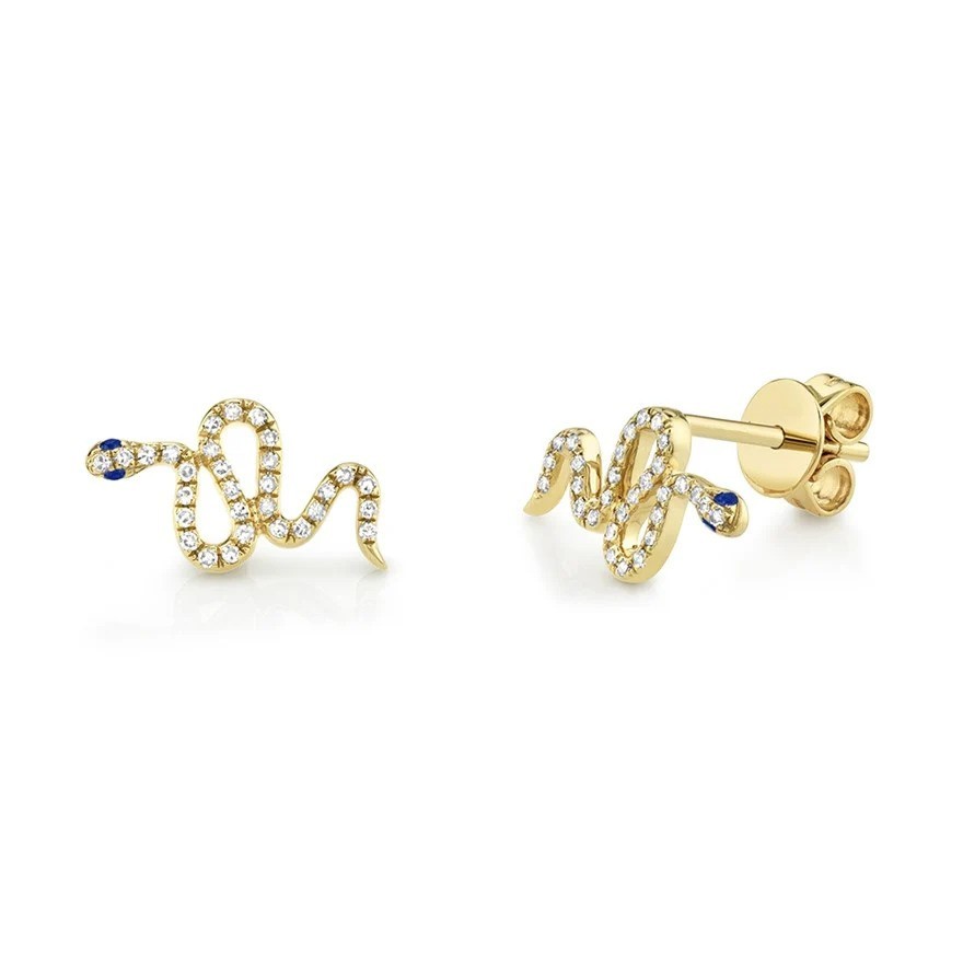 Handmade 14K Solid Yellow Gold Diamond Sapphire Snake Stud Earrings, Animal Gift
