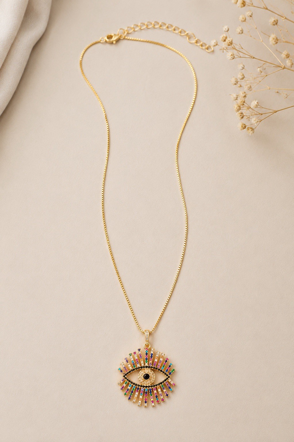 Gold Tone Multicolor Rhinestone Evil Eye Pendant Necklace