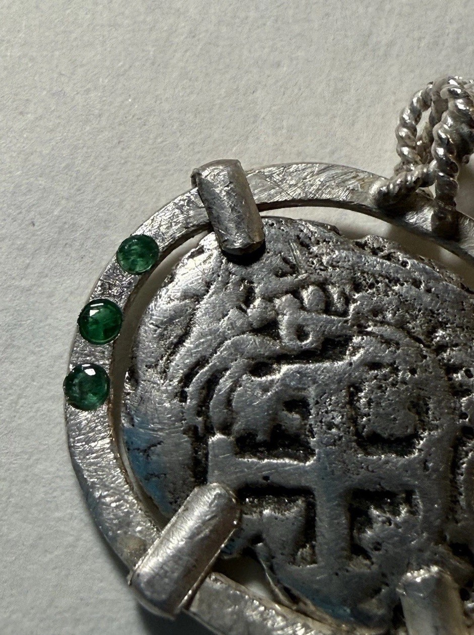 Authentic Spanish-Colonial 2-Reales Silver Shipwreck Cob Coin in Emerald Bezel
