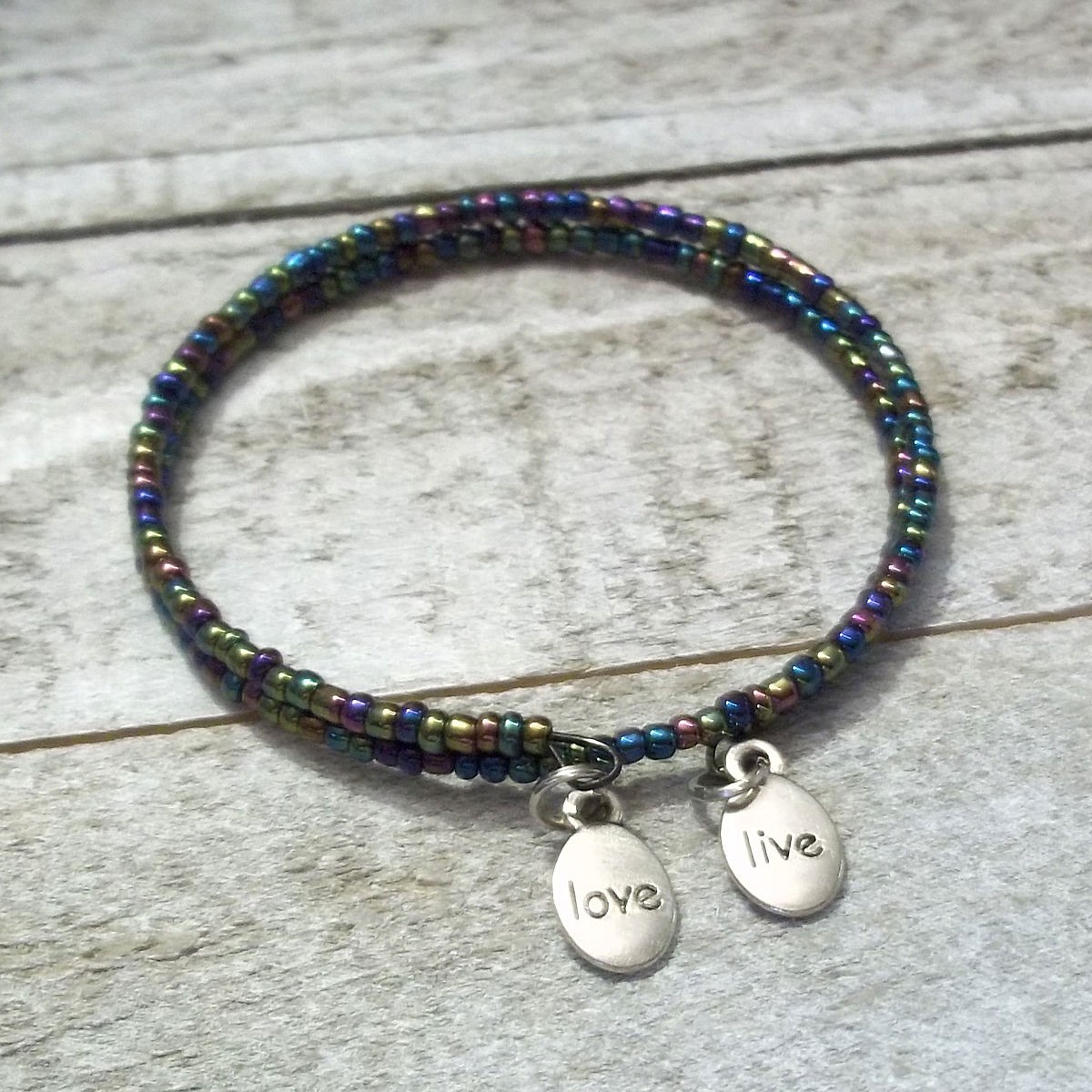 Live Love Charm Bracelet Silver Memory Wire Tiny Glass Seed Bead Name Plate Gift