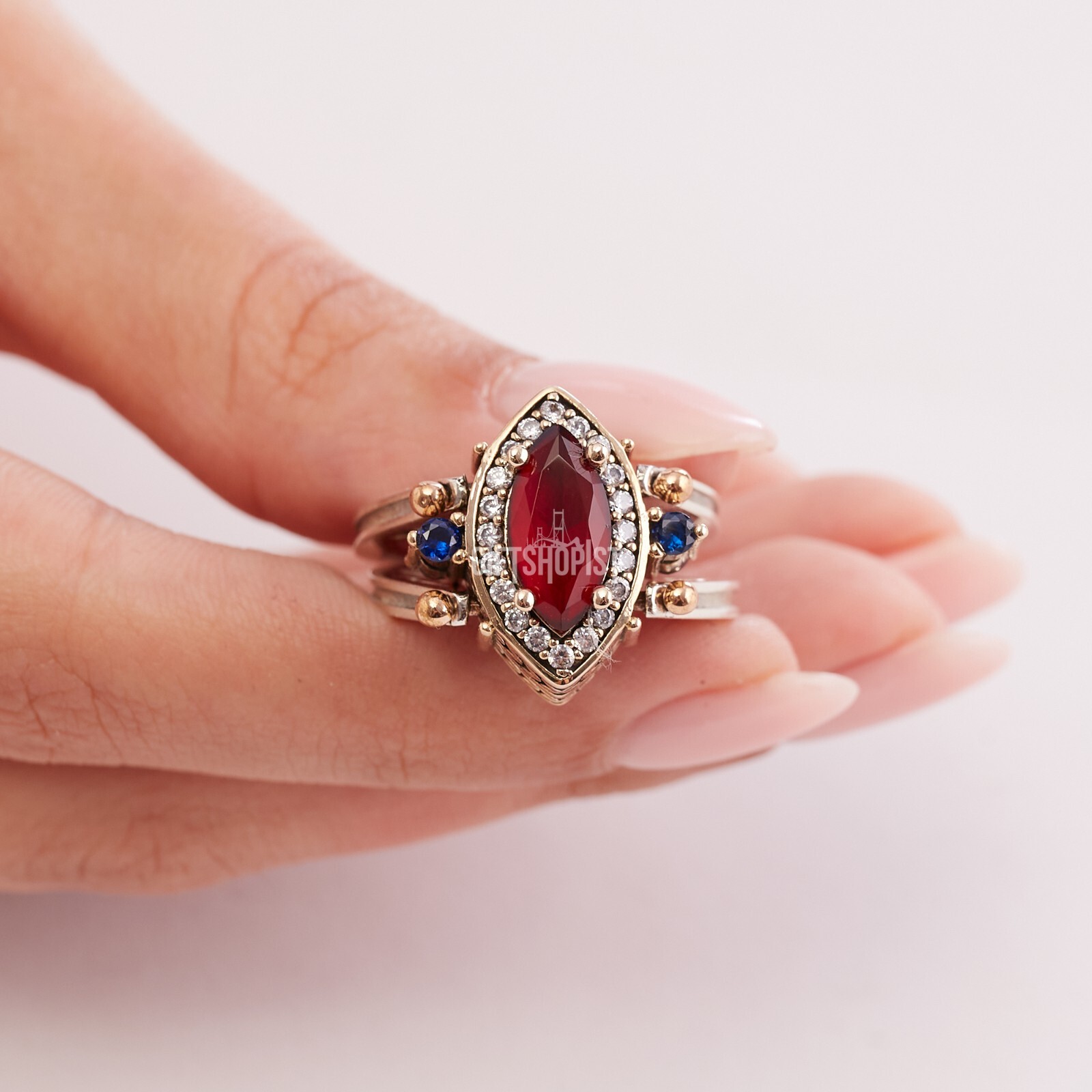 Turkish Reversible Marquise Sapphire Ruby Topaz 925 Sterling Silver Ring Size