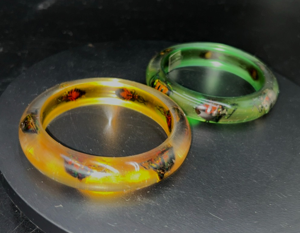 2 Vintage Resin Lucite Jewel Bettle Bangle Bracelets from Philippines Green Yell
