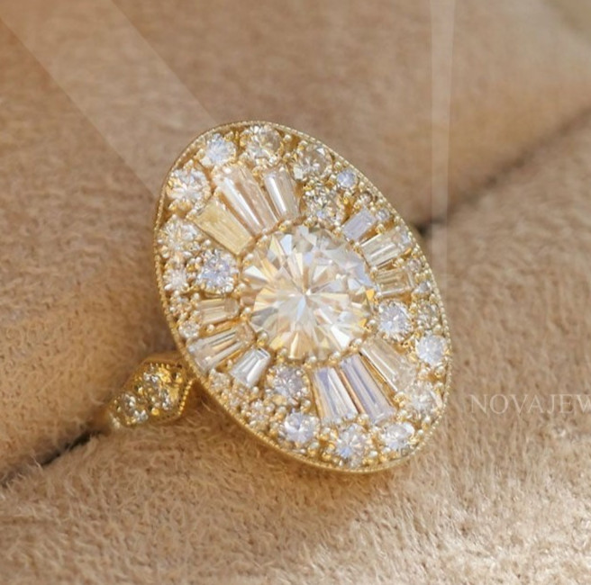 1 CT Round Cut Halo Moissanite Engagement Ring 14K Yellow Gold Plated For Women