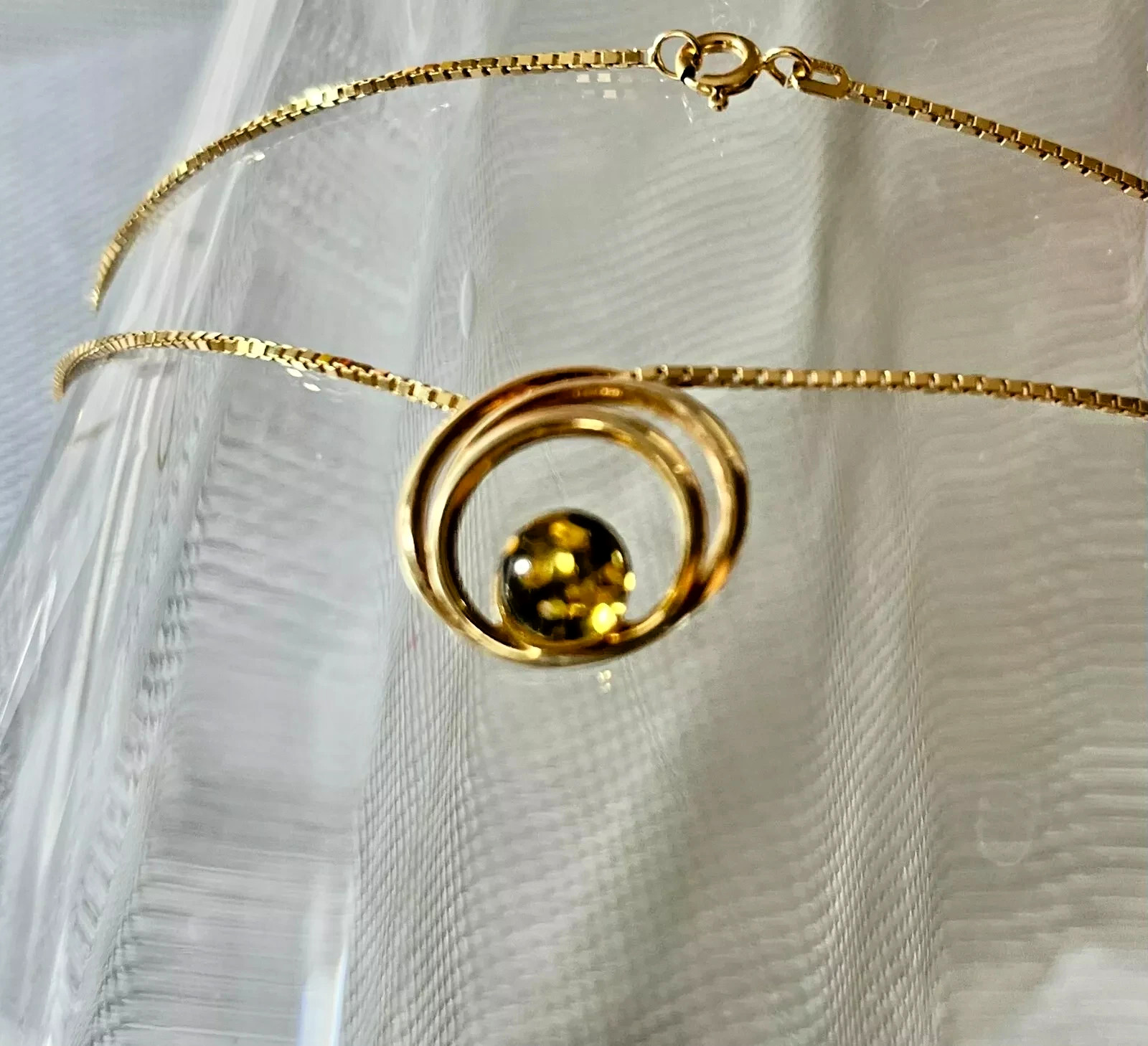 925 Silver Gold Plated PENDANT Round Shape Amber Green & Gold Double Necklace 42mm